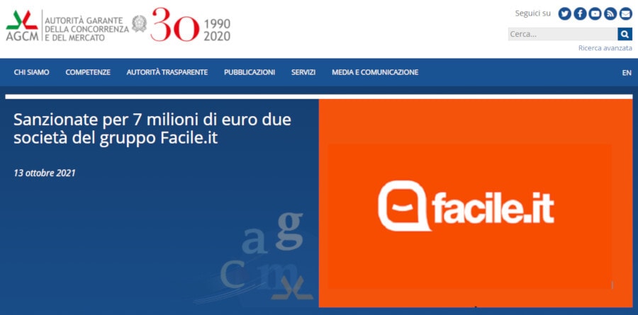 Assicurazioni: l’Antitrust multa per 7 milioni di euro due società del gruppo Facile.it