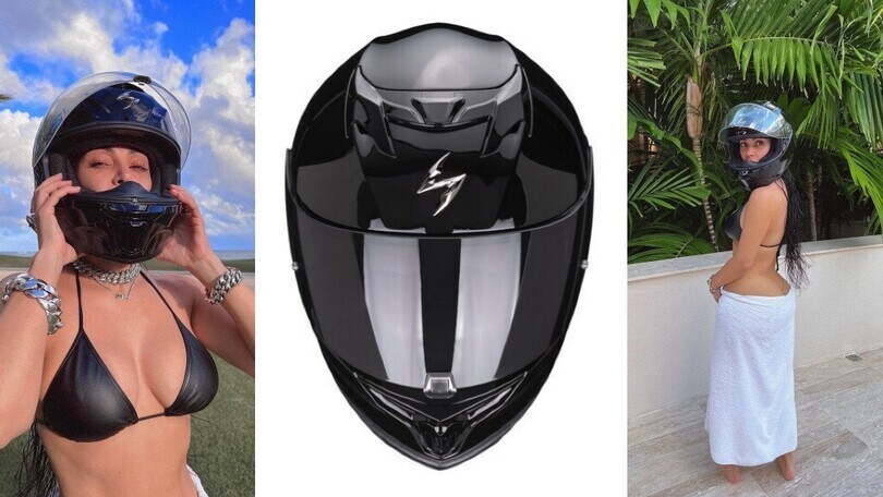 Kim Kardashian, in spiaggia con il casco (ma senza moto) fa impazzire i fan
