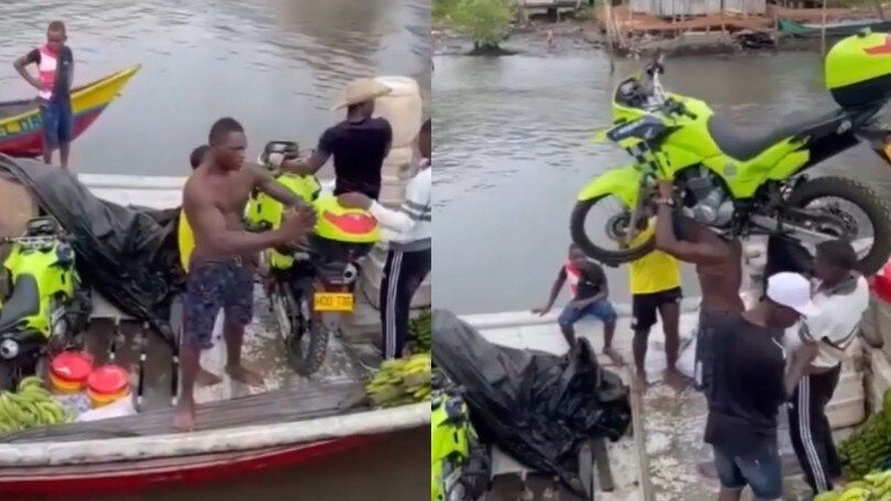 Caricarsi una moto sulle spalle e portarla giù dal traghetto: è fattibile!