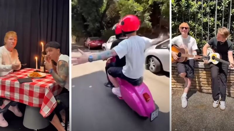 Ed Sheeran gira per Roma in sella ad una Vespa rosa con Alfa e Ultimo