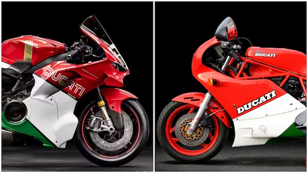 Cosa unisce una Ducati 750 F1 degli anni ’80 a una Panigale Superleggera V4 da 200.000 euro? Oltre al colore